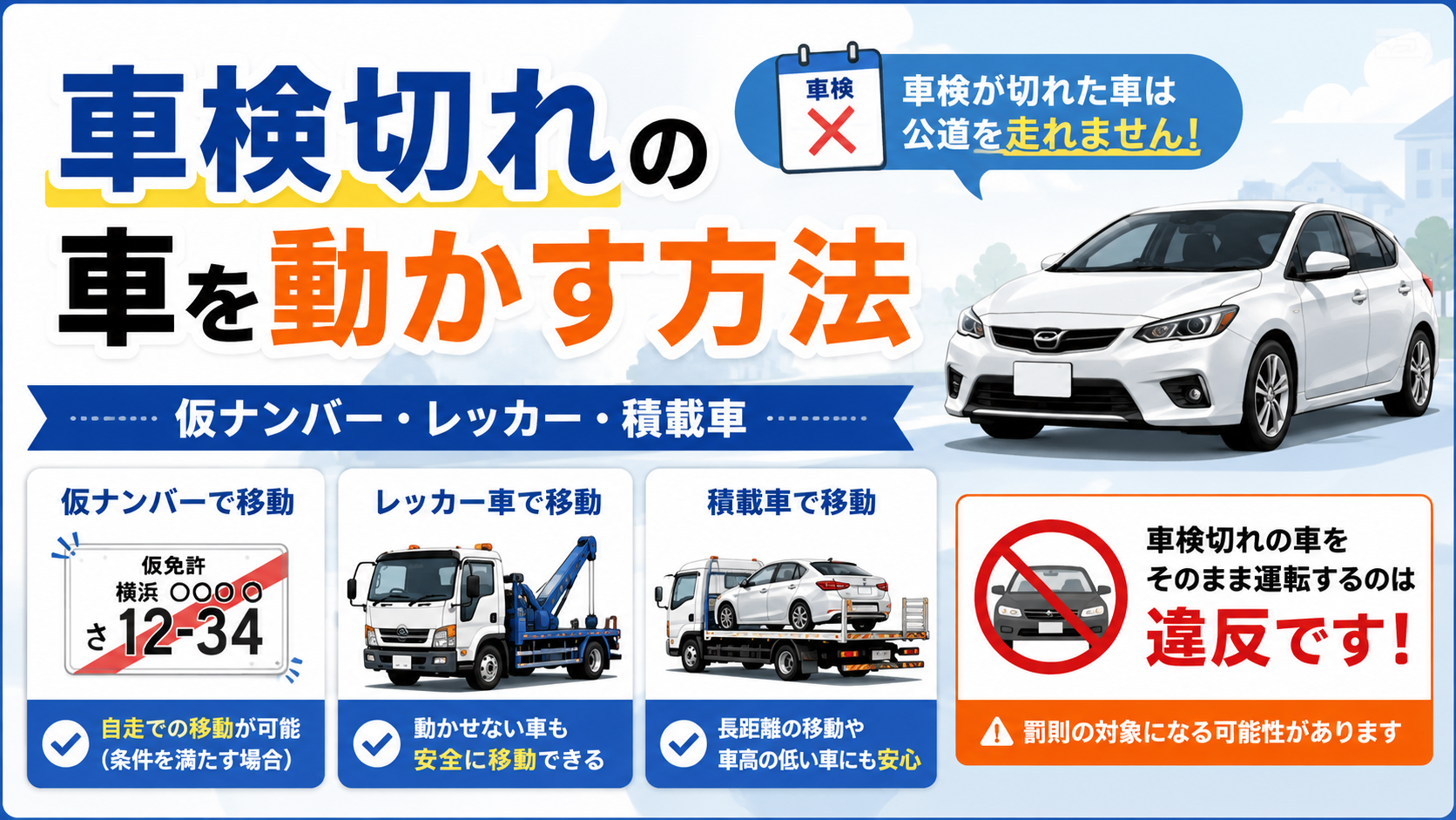 車検切れの車を動かす方法は?仮ナンバー・積載車・陸送費用を比較 車検切れの車を動かす方法は?仮ナンバー・積載車・陸送費用を比較